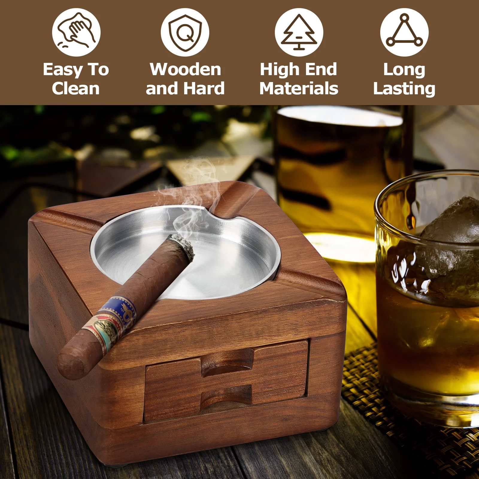 Cigar Ashtray Wooden Ashtray Square Ashtray 4 Slots Cigar Holder Cigar Accessories Drawer for Indoor Outdoor Patio Home Office