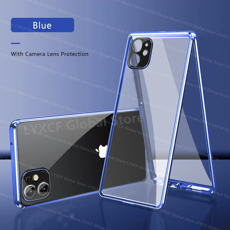 

360 Full Protection Metal Magnetic Double Side Glass Snap Lock Case For Iphone 15 14 16 Plus 13 12 11 Pro Max Lens Protect Cover