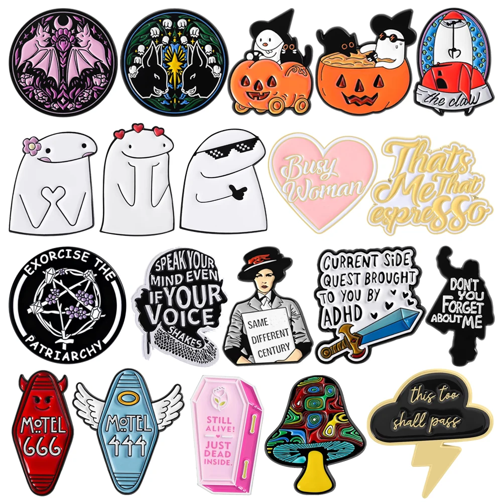

Cartoon Magic Enamel Brooches Bat Pins Ghost Painting Figure Pentagram Women Sword Pink Coffin Mushroom Cloud Badge Jewelry Gift
