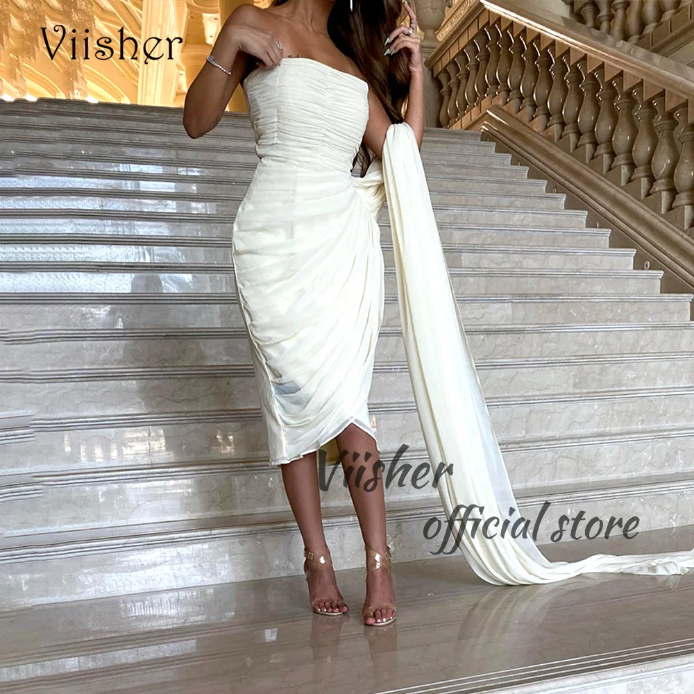 

Viisher Ivory Chiffon Short Mermaid Evening Dresses Pleats Strapless Arabic Dubai Prom Dresses with Train Formal Evening Gowns