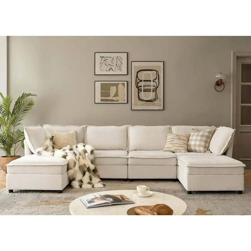

127'' Modular Sectional Sofa, Oversized U Shaped Couch with Storage Ottoman, Comfy Chenille Sofa with Deep Seat.