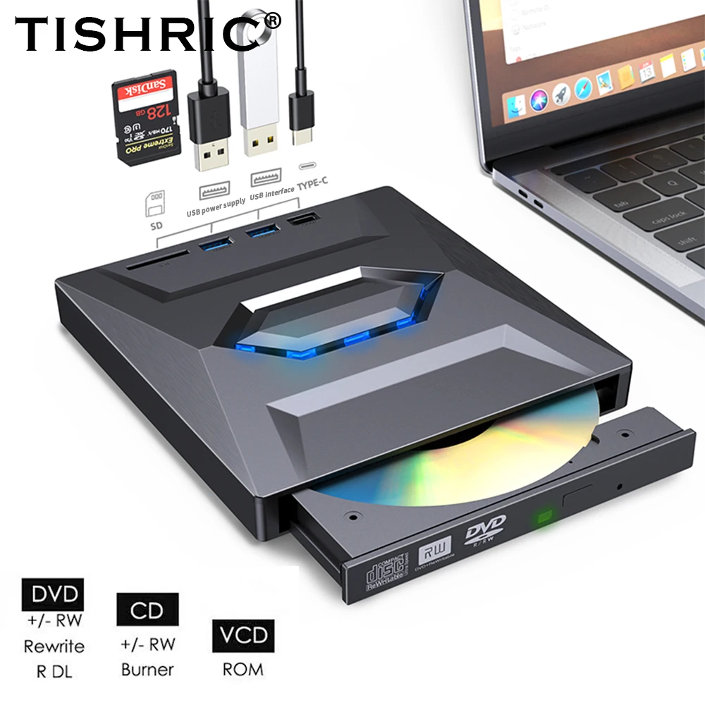 

Внешний DVD-привод TISHRIC USB 3.0 Type C, портативный оптический проигрыватель для CD, DVD, RW, ридер, записывающее устройство для ноутбука, настольного компьютера