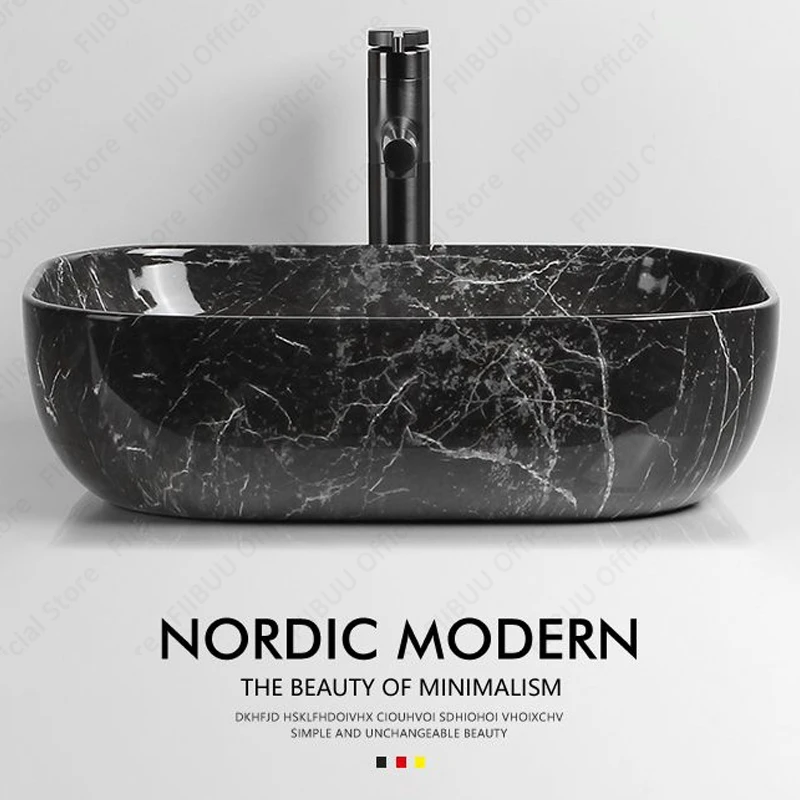 Rectangular Ceramic Table Sink Black Stone Pattern Wash Basin Bowl Boat Shaped Above Counter Vessel Sink For Bathroom Balcony