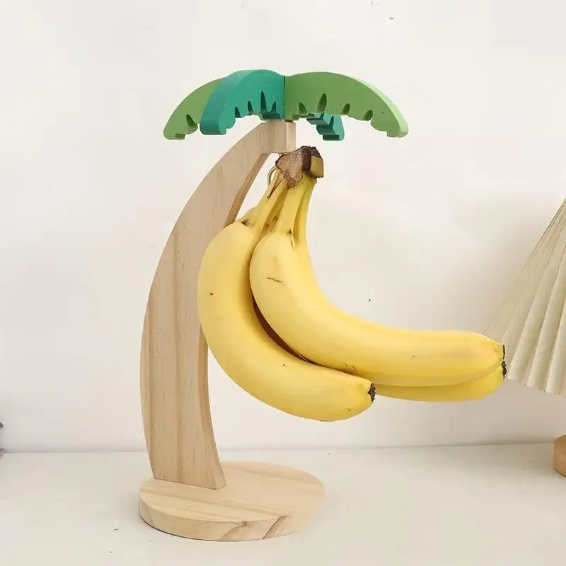Wooden Banana Rack Hanging Kitchen Rack Simulated Leaf Decorative Fruit Vertical Storage Rack With Hook Kitchen Decoration