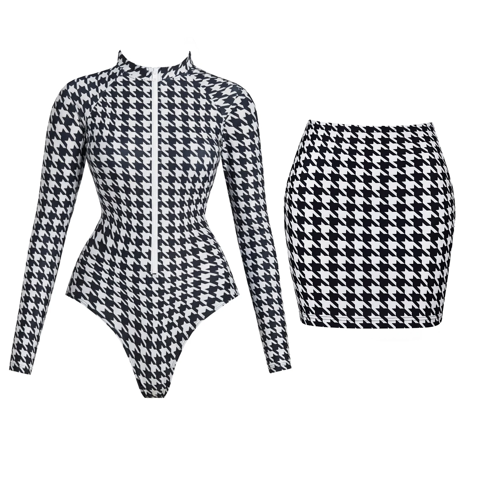 Sexy 2Pcs Swimsuit With Mini Skirt Women Bikini Push Up Swimwear Biquini Long Sleeve Monokini Swim Suit Bathingsuit Beachwear