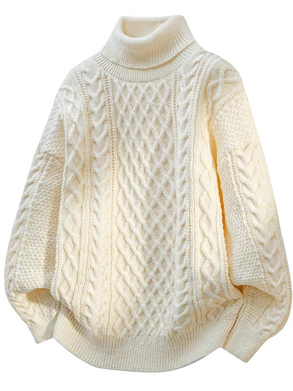 

Loose Fit Thiened High Collar White Knitted Sweater Men's Faion Twist Knitwear Autumn Winter Casual Polyester Fiber