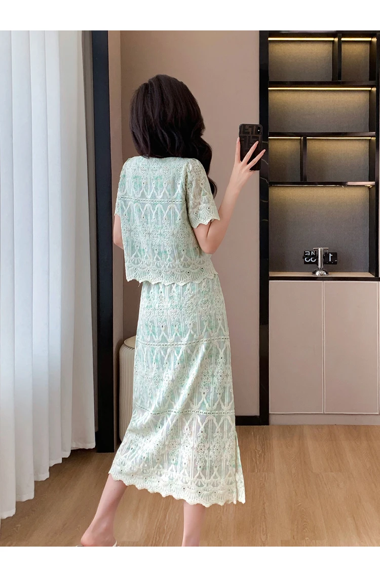 High Quality Summer Floral Embroidery Two Piece Sets Women Suits Elegant OL O Neck Shirt Mid Skirts 2 Piece Outfits Female