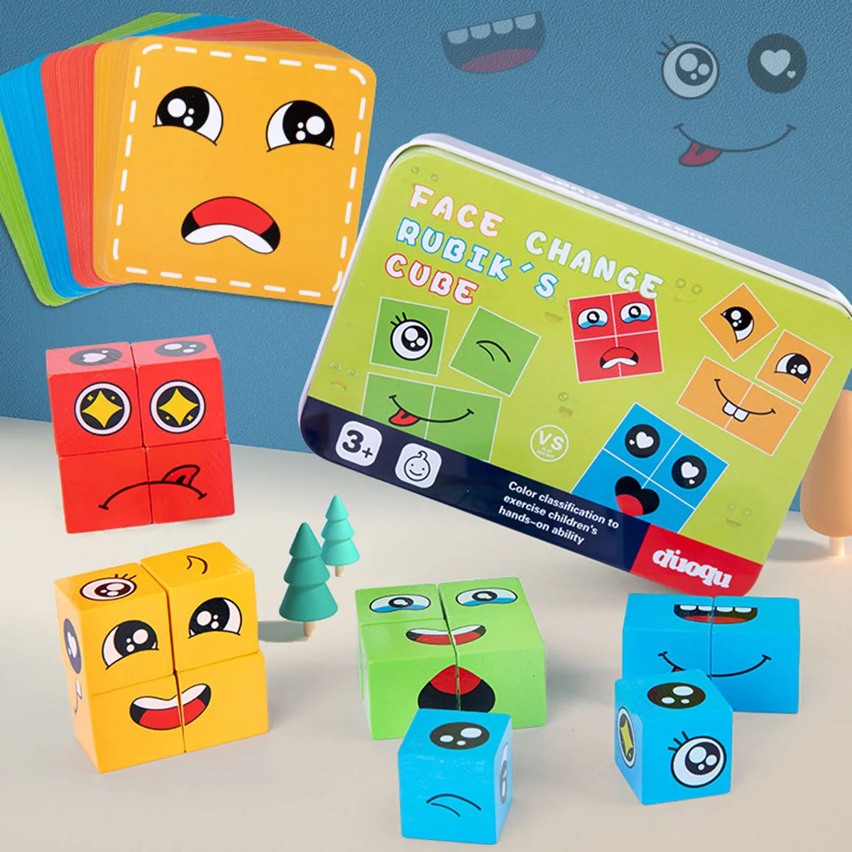 مكعب تغيير شكل الوجه لبنات البناء لعبة ألغاز خشبية التعبير عن مونتيسوري كتل خشبية كتل كتل لعب أطفال هدية
