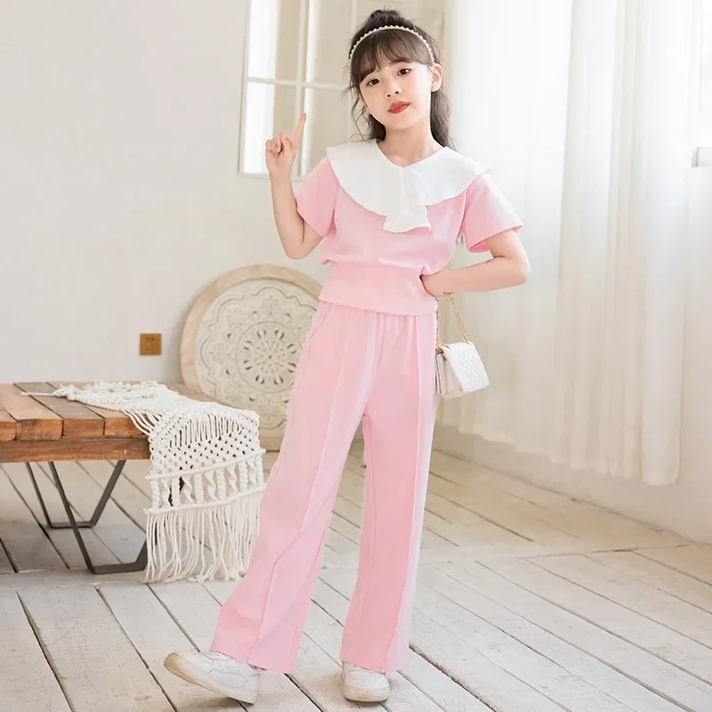 2024 Korean Summer Children Girl Tracksuit Elementary Girl Flounce Collar T-shirt+Wide-leg Pants Sets Girls From 4-12 Years Old