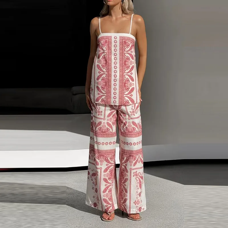 

Summer Hollow Out Sling Top with Pants Beach Suit 2025 Casual Pattern Print Sleeveless Set Women Fashion Loose Bohemian Outfit