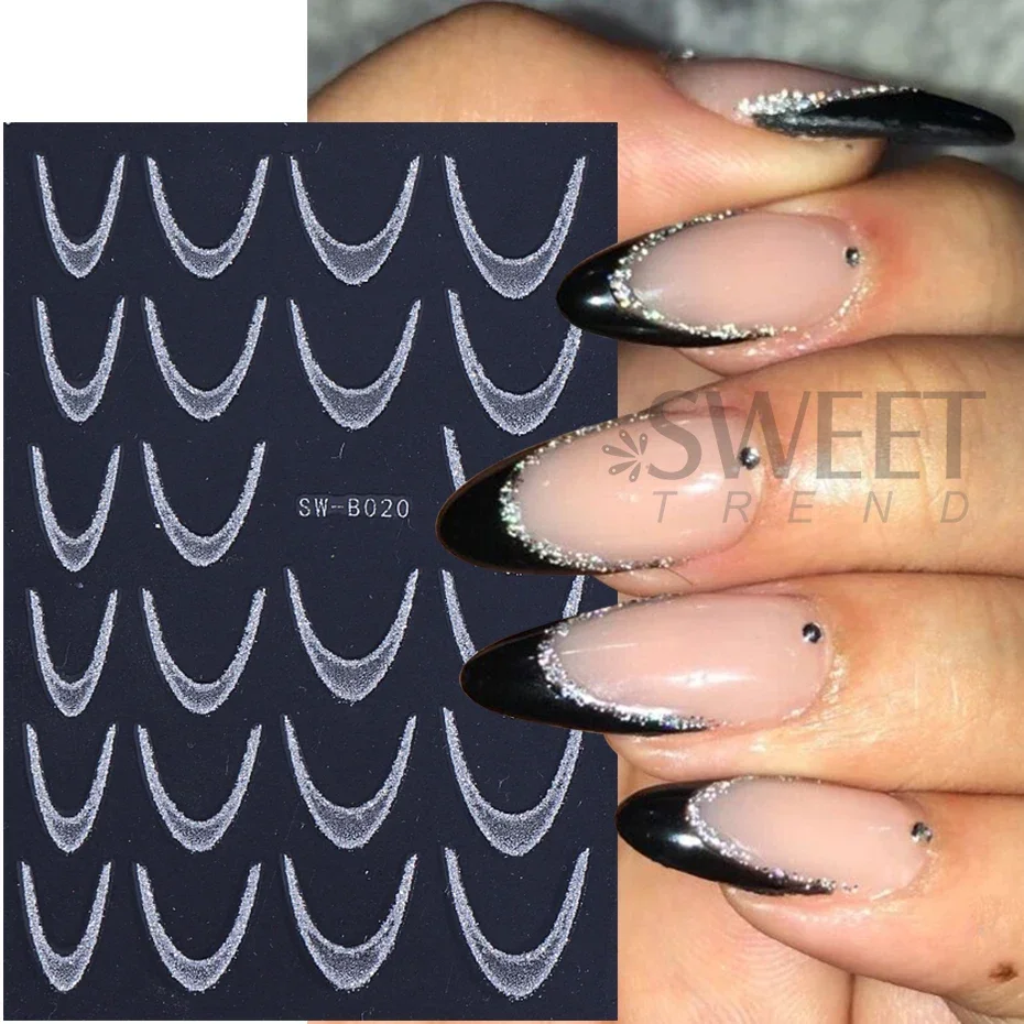 Glitter Gradient French Line สติ๊กเกอร์เล็บ 3D Self-Adhesive Decals ออกแบบเล็บเคล็ดลับคู่มือสําหรับ DIY ตกแต่งเล็บเครื่องมือ