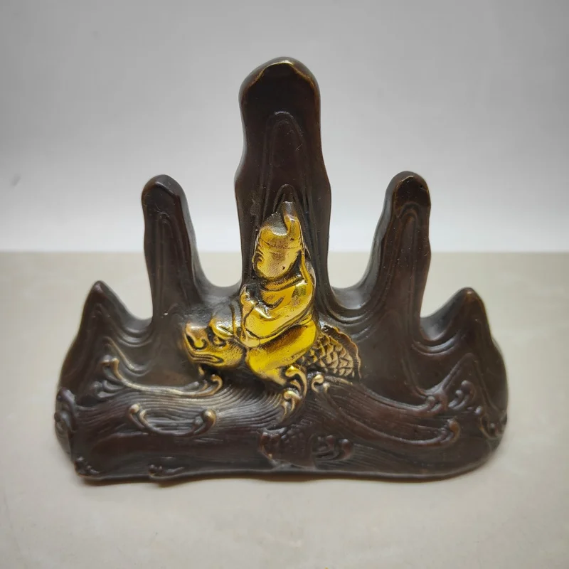 Antique collectible brass and gilded holder ornament, calligraphy copper pen stand decorative craft
