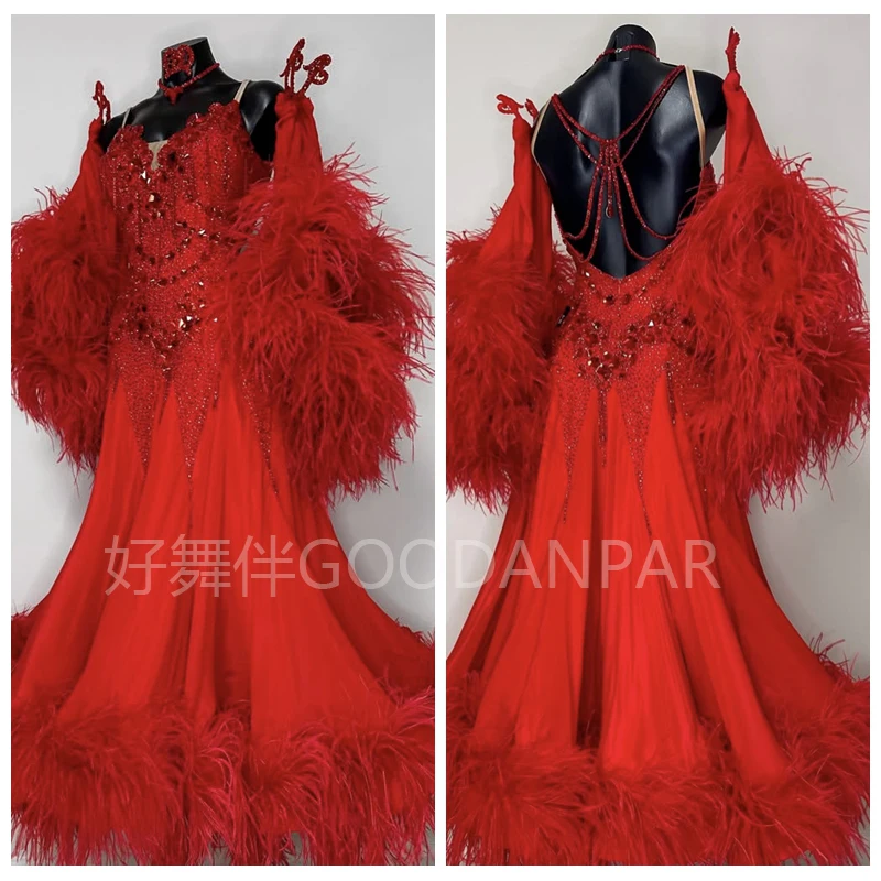

GOODANPAR Girls Professional New ostrich featheStandard Ballroom Dance Dress Women Girls Competition Costume Lycra Waltz Stage