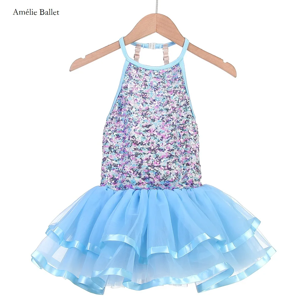 

19815 Girls Halter Neck Sky Blue Ballet Dance Tutu Sequin Dress Child Stage Show Dance Costumes Dancing Dresses 6 Size Available