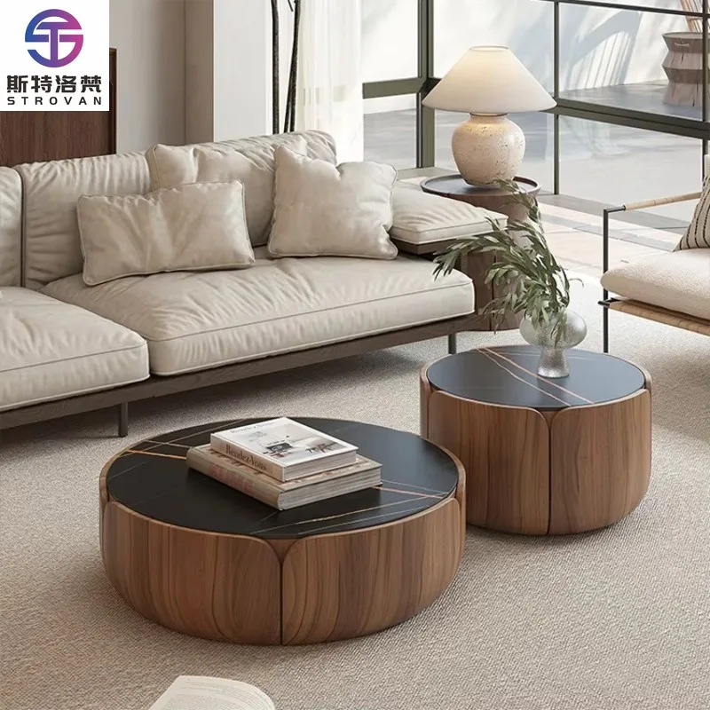 

Luxury Oak/Birch Walnut Color Storage Coffee Table Sintered Stone Top Modern Design Living Room Furniture Small Apartment