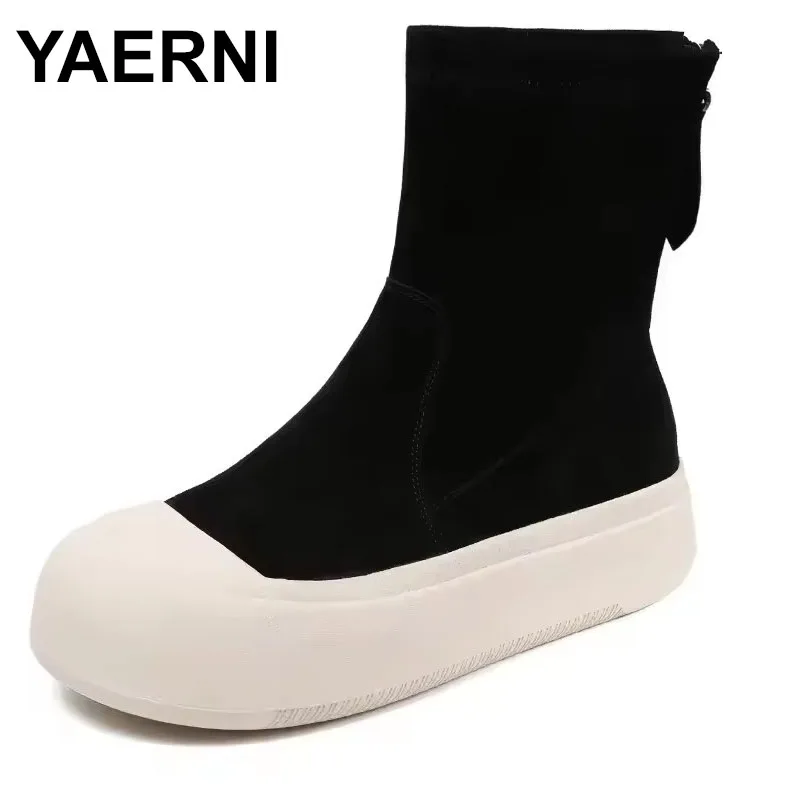 

Fashion Thick Bottom Mid Calf Boots Women Sheepskin Suede Round Toe Back Zipper Flat Platform Skinny Socks Boots