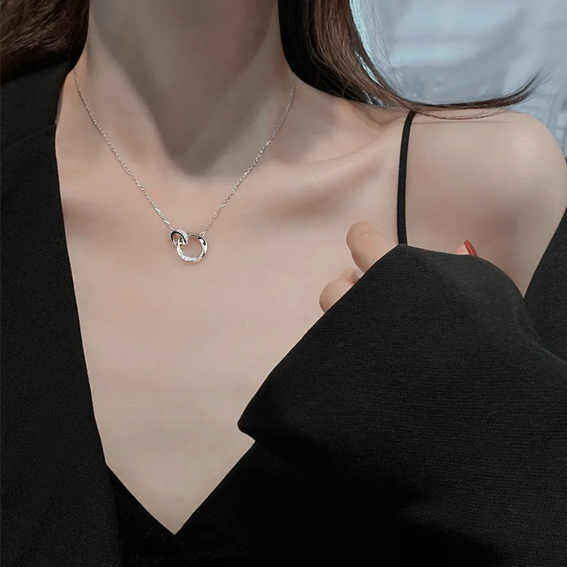 Difengs999Sterling Silver Double Ring-Phase Buckle Necklace Women's Korean-Style Diamond-Embedded Mobius Strip Necklace Niche Ho