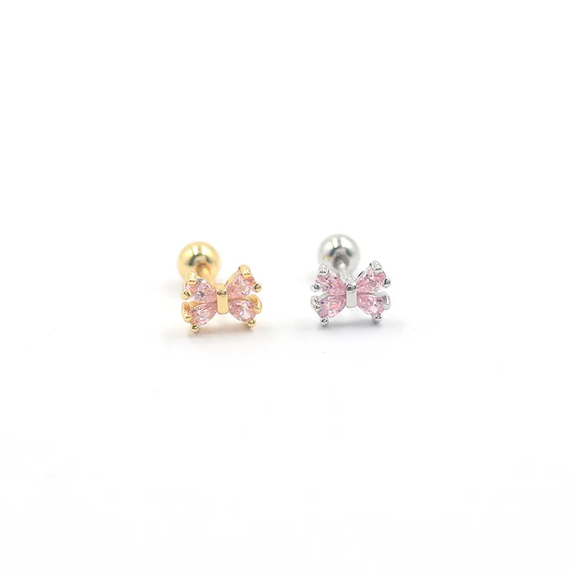 20G Screw-back 1 PC Classical Pink Zircons Bowknot Women Stud Earrings Bling Fashion No Fade Good Quality