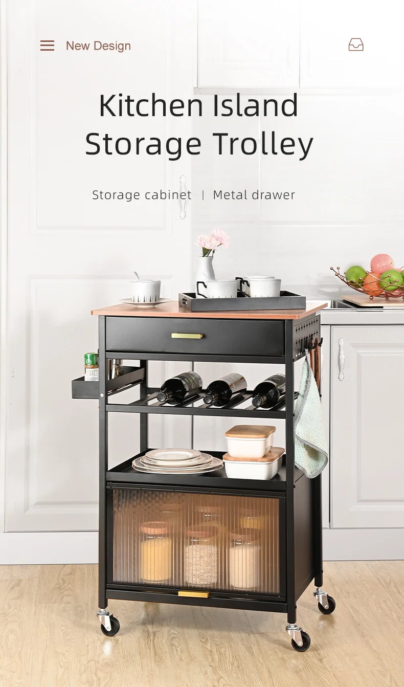 Eco-friendly And Durable Rolling Kitchen Storage Wine Cart Kitchen Island Wood Top Kitchen Food Serving Trolley With Drawers
