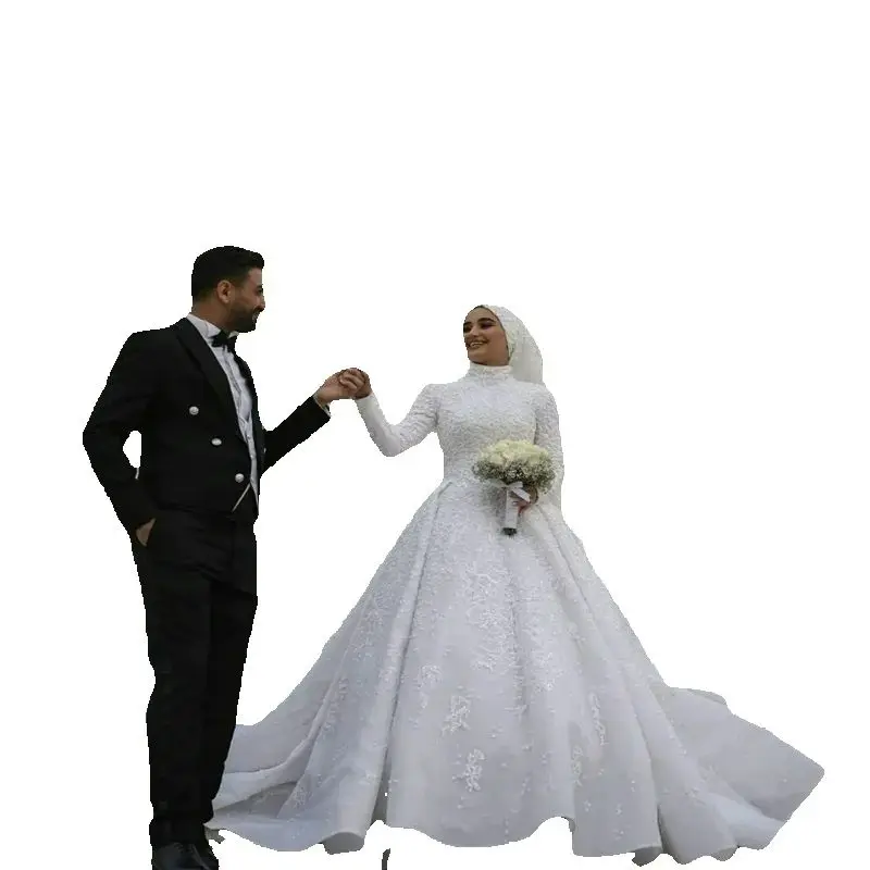 Suknia ślubna w stylu A z wysokim kołnierzem, koronkowymi aplikacjami w stylu muzułmańskim, długimi rękawami, idealna do kościoła, Vestidos De Novia.