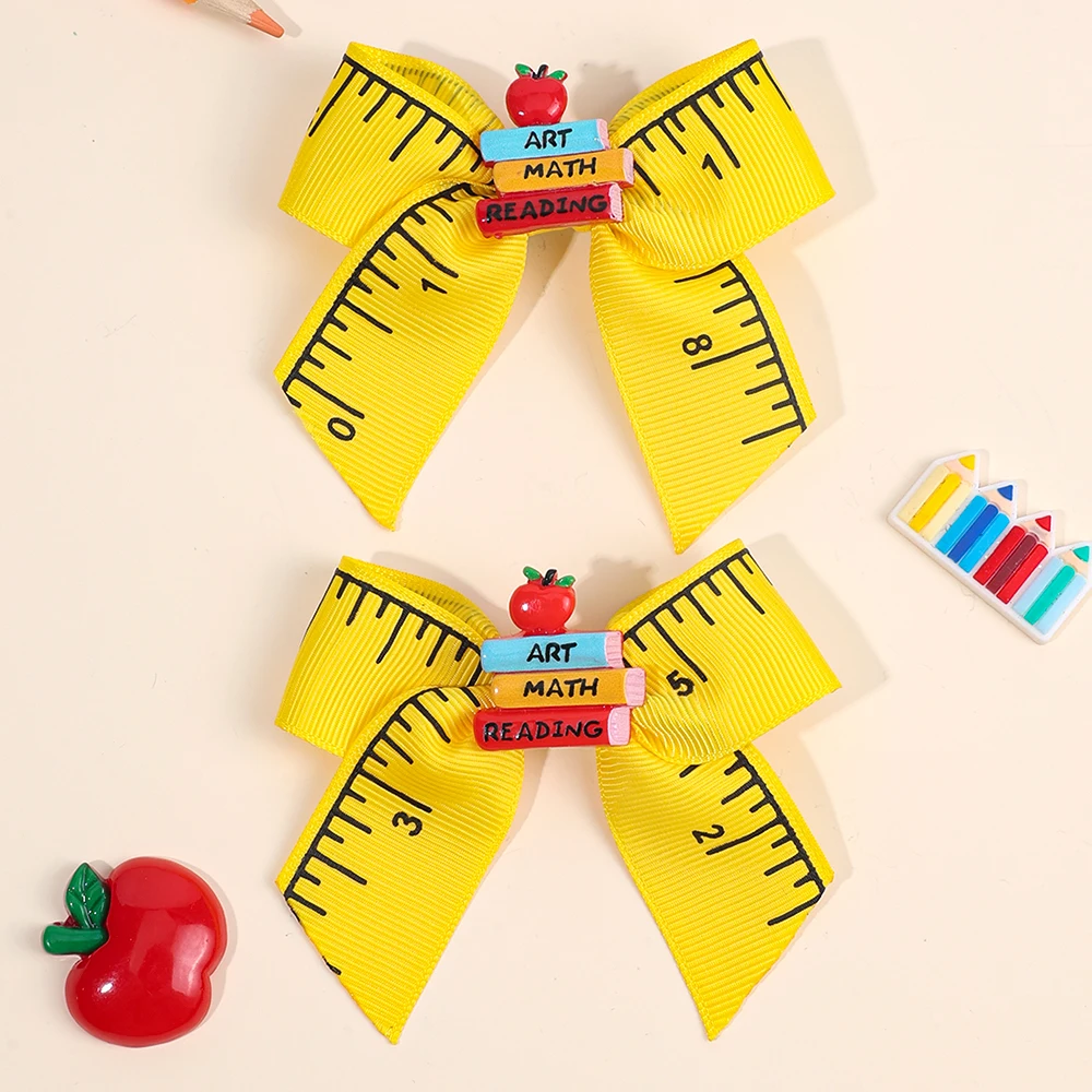 2Pcs Neue Herrscher Bogen Haar Clips Für Mädchen Nette Apple Buch Band Bogen Haarnadeln Kinder Trendy Täglichen Schule Kopfschmuck zubehör
