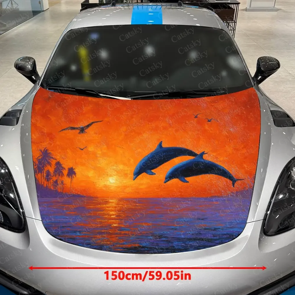 Sunset Dolphin Car Hood Decoration Sticker, PVC Waterproof Hood Sticker, Self-adhesive Scratch Resistant Film, Suitable For Truc