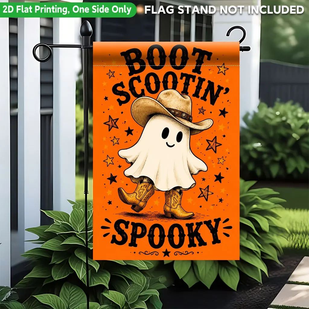 2D Flat - 2D Flat Printing Garden Flag 1pc, Adorable Ghost with Cowboy Hat Single-Sided Printed Garden Flag, Suitable for Party Outdoor Indoor Home Decor Garden Flag, for party Decoration Supplies, for Lawn, Garden Decor, Flagpole Not Included