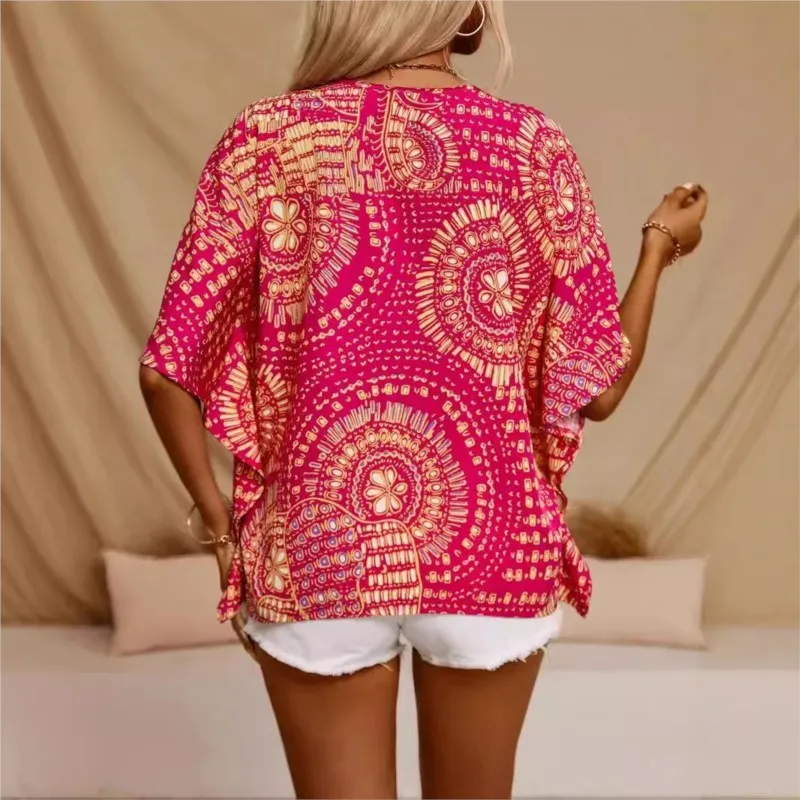 Fashion Print Loose Women Blouses & Shirts Summer New V-Neck Vacation Style Batwing Sleeve Loose Blouse Casual Tops