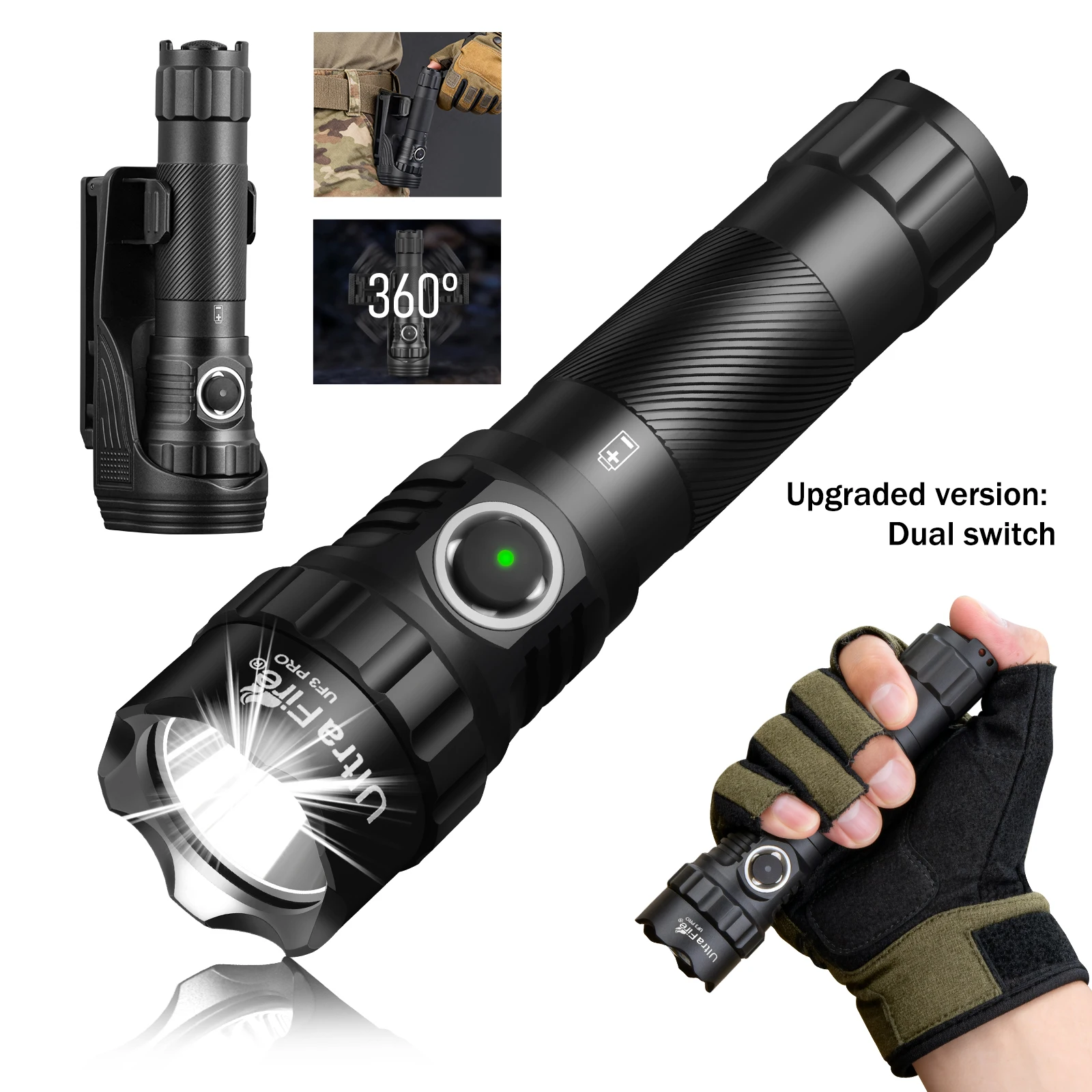 

UltraFire UF3 Pro 1800LM Tactical Flashlight with 360° Rotating Belt Holster 21700 USB C Rechargeable Dual Switch LED Flashlight