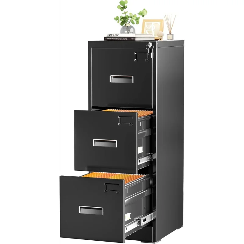 3 Drawers with Lock, 18 D Vertical Filing Cabinet Home Office, Metal Black File Cabinet Hanging Letter/F4/A4/Legal Folders,