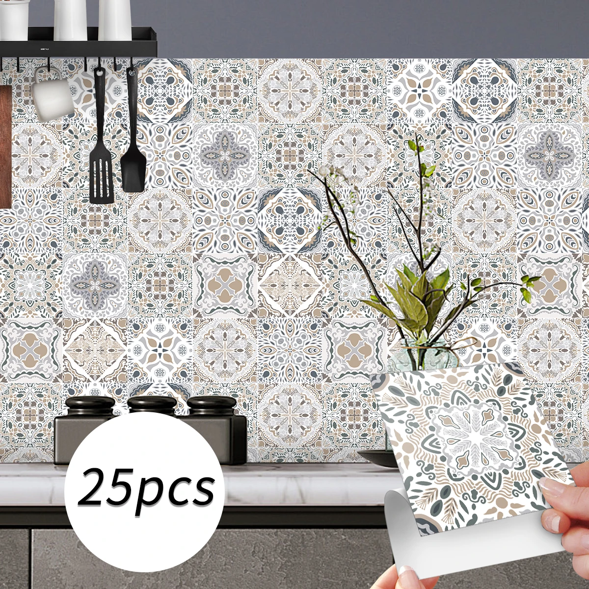 

25pcs Grey Tile Wall Sticker Vinyl Waterproof Self-Adhesive European Retro Art Kitchen Living Room Home Decoration Wallpaper