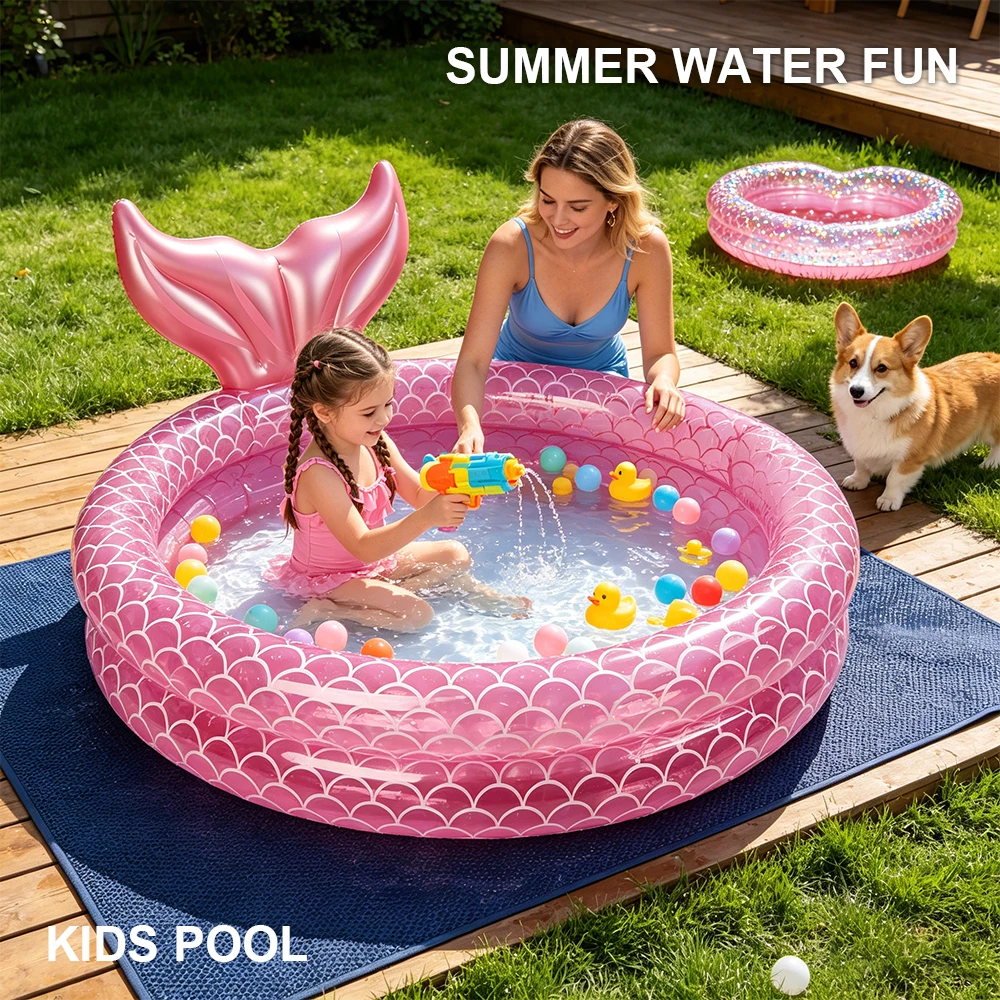 Pink Mermaid Inflatable Swimming Pool Kids Round Water Play Pit Ball Pit Pool for Indoor Outdoor Backyard Summer