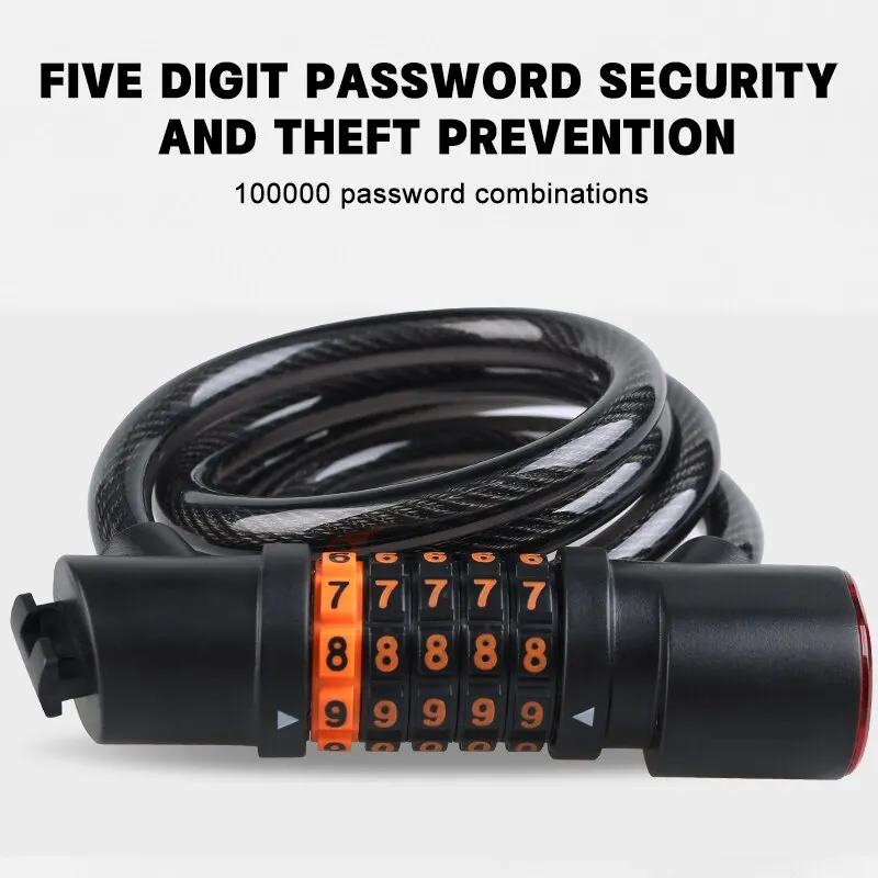 Bicycle Lock with Tail Light 5-Digit Security Password Bike Lock Steel Cable Chain Anti-theft Bicycle Bike Accessories