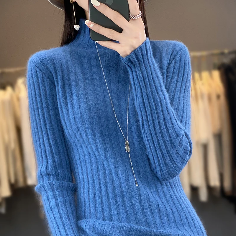 Women\'s 100% Pure Mink Cashmere Sweater,Half Turtleneck,Slim Pit Strip Knitted Sweater,New Top,Spring,Autumn,Winter Wear,Fashion