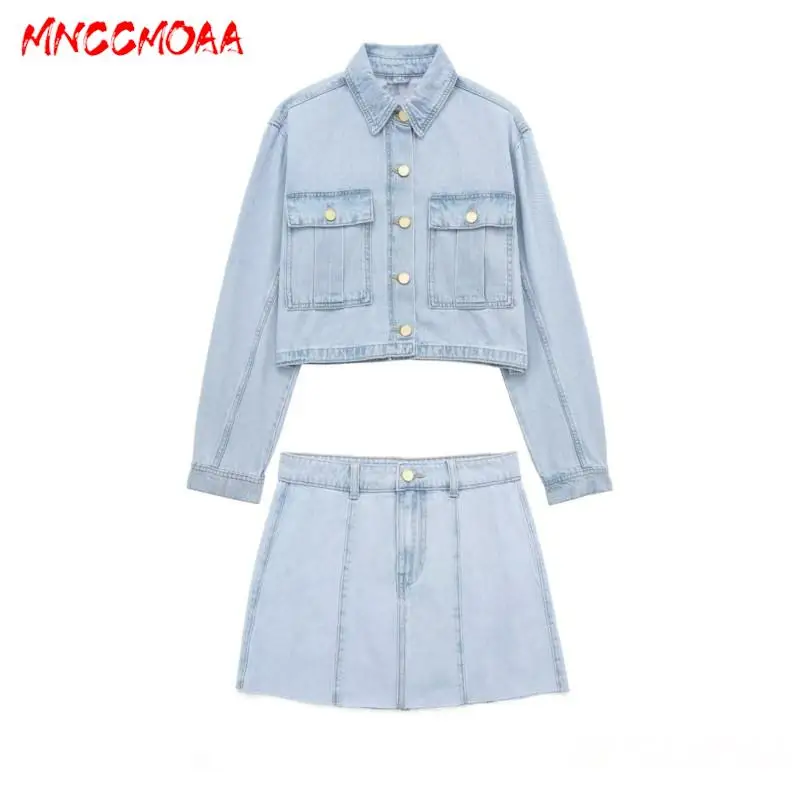 

MNCCMOAA-Women's Short Denim Jacket Coats and Mini Skirt Set, High Waist Cowboy, Female Fashion, Spring, Summer, 2024