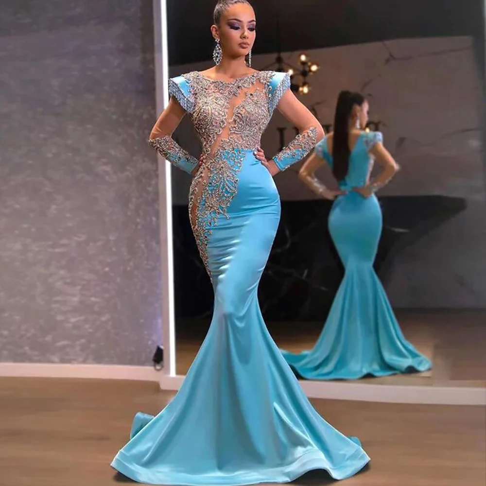 Céu claro azul frisado sereia vestidos de baile decote transparente lantejoulas mangas compridas vestidos de noite cetim varredura trem vestido formal