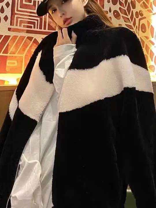 معطف نسائي من Thiened Fce كبير الحجم مصنوع من صوف الحمل كاجوال Sle Street Faion ملابس خارجية شتوية من ألياف البوليستر