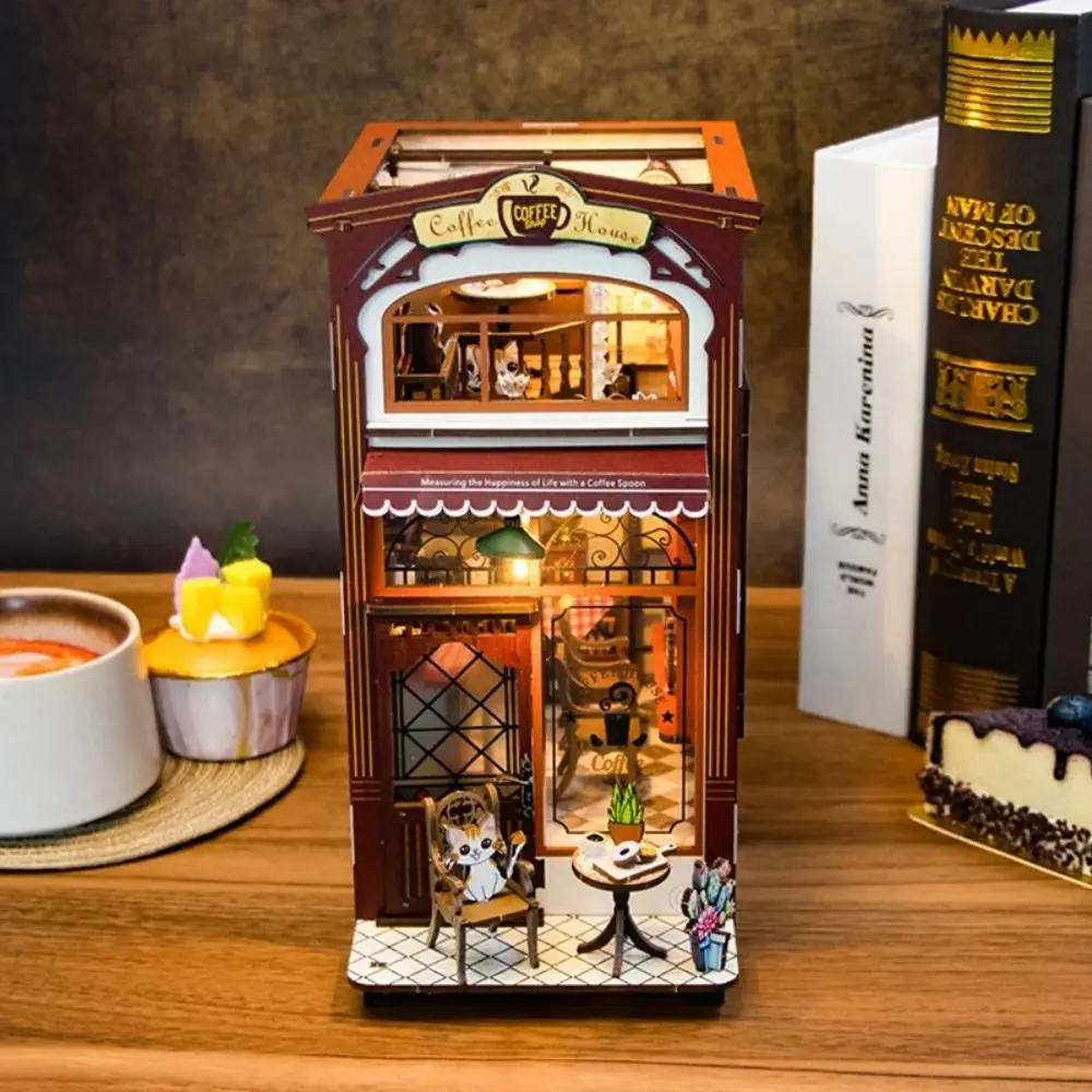 Coffee House Assembling Model Toy DIY with LED Light Assembly Wooden Dollhouse Retro Mini Dollhouse Furniture Miniature Toy