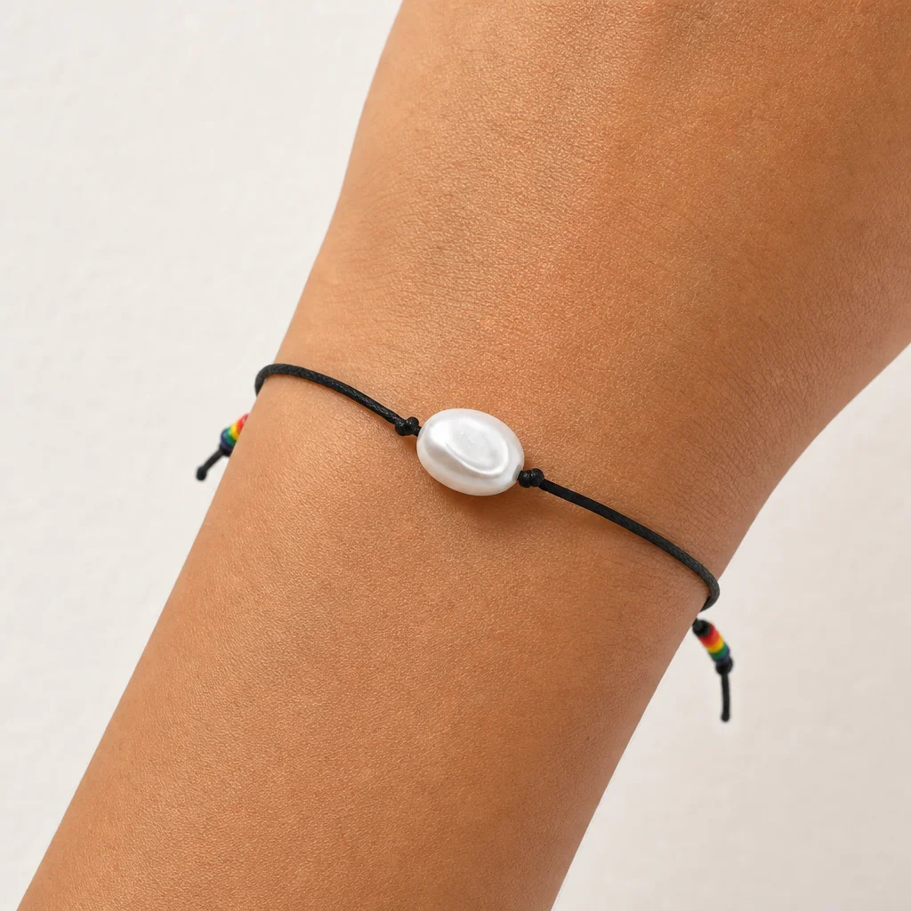 1pc Unisex Bohemian Adjustable Black Rope Strand Bracelet with Round Glass Beads and White Irregular Center Bead