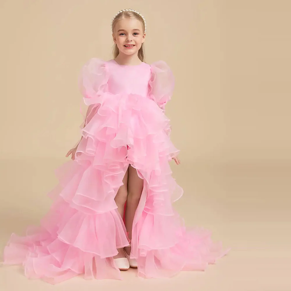 Customized Pink Tiered Ruffles Organza Flower Girl Dresses With Bow A-Line First Communion Dress Princess Birthday Party Gowns