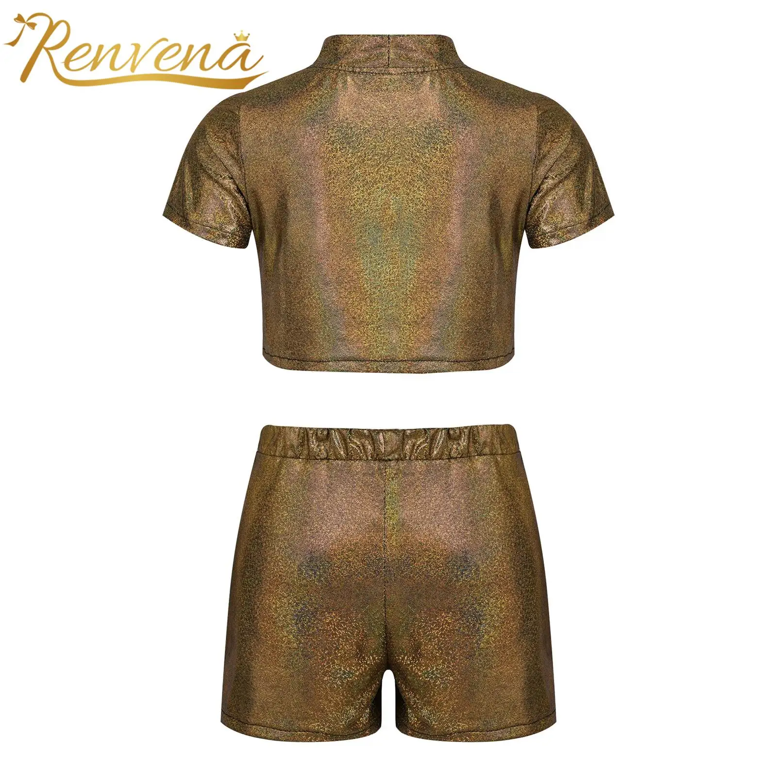 Kids Cheerleading Performance Wear Girls Metallic Dance Outfit Children Short-sleeve Necktie T-shirt + Shorts Suits for Hip Hop