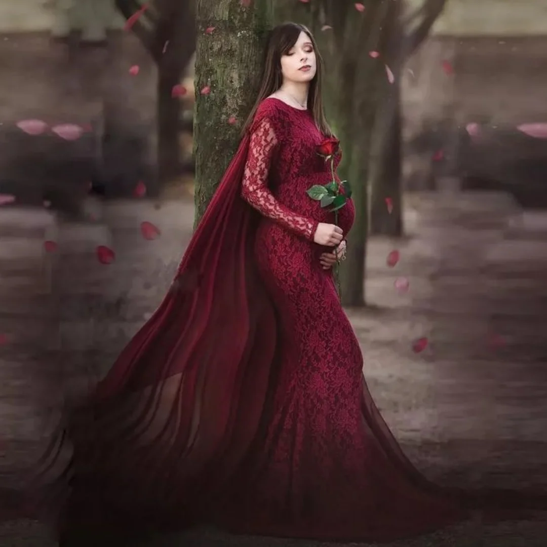 

Burgundy Maternity Dresses Photoshoot Lace Long Sleeves Robe for Baby Shower платье для беременных Wrap