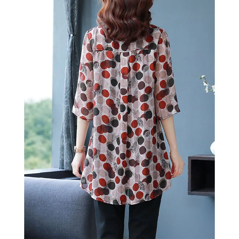 Summer New Women\'s All-match Polo-Neck Chiffon Shirt Female Clothing Fashion Single-breasted Casual Polka Dot Printed Blouse