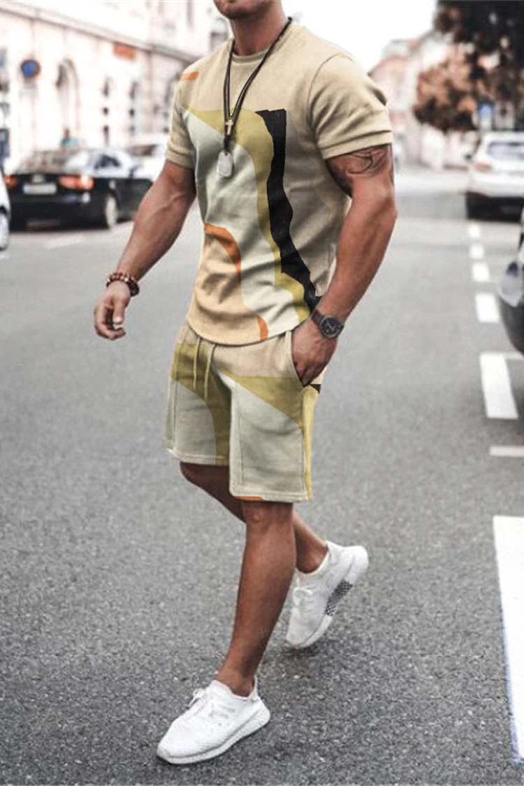 Sommer Männer setzt Shorts Outfits männliche Kleidung Straße T-Shirt zweiteiligen 3D-Druck lässig O-Ausschnitt Trainings anzug übergroße Strand Sport bekleidung – Detail 7