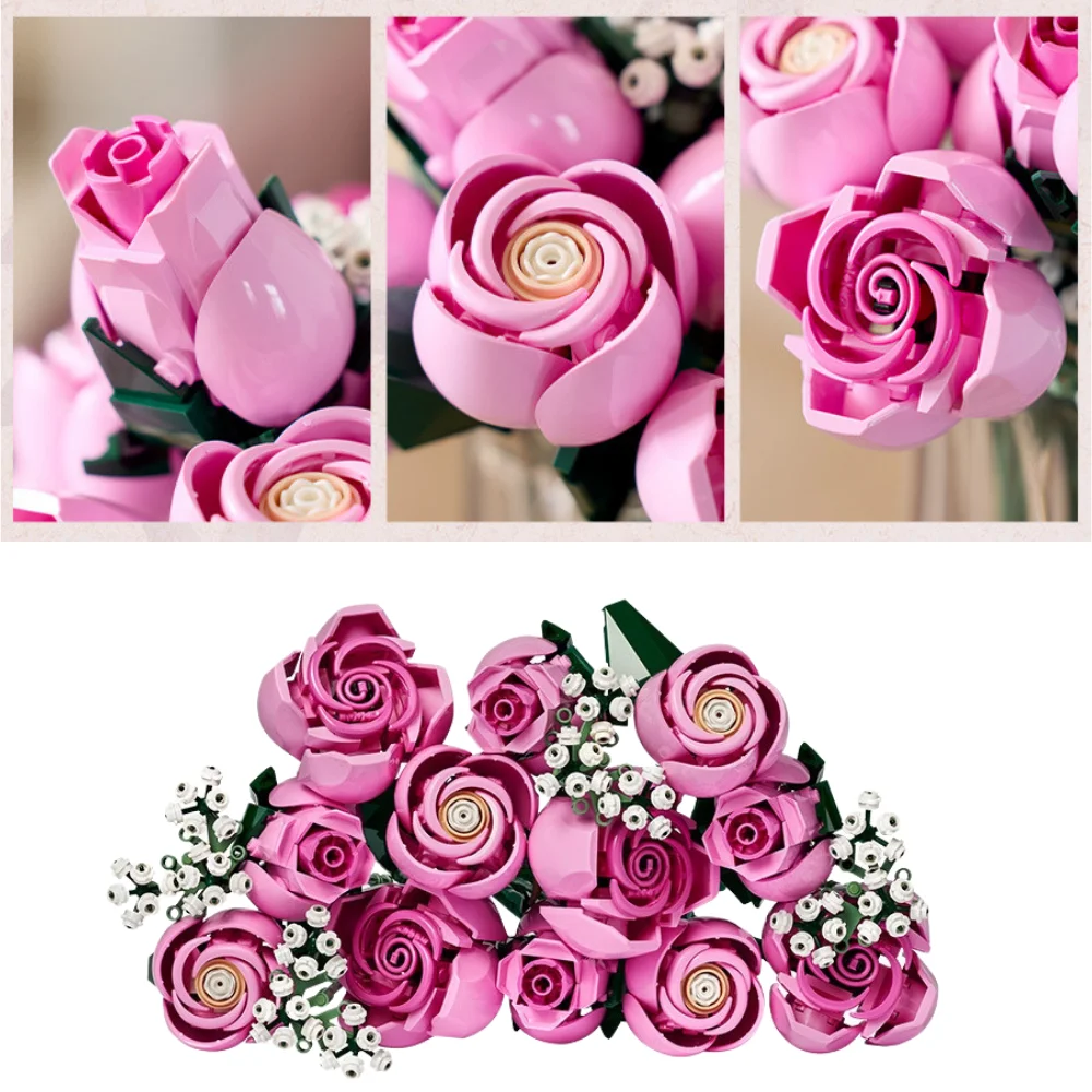 Pink Gradient Coloring Rose 10374 Building Blocks Sets Suitable for Valentines Gifts Compatible with Legoed Particles 789pcs
