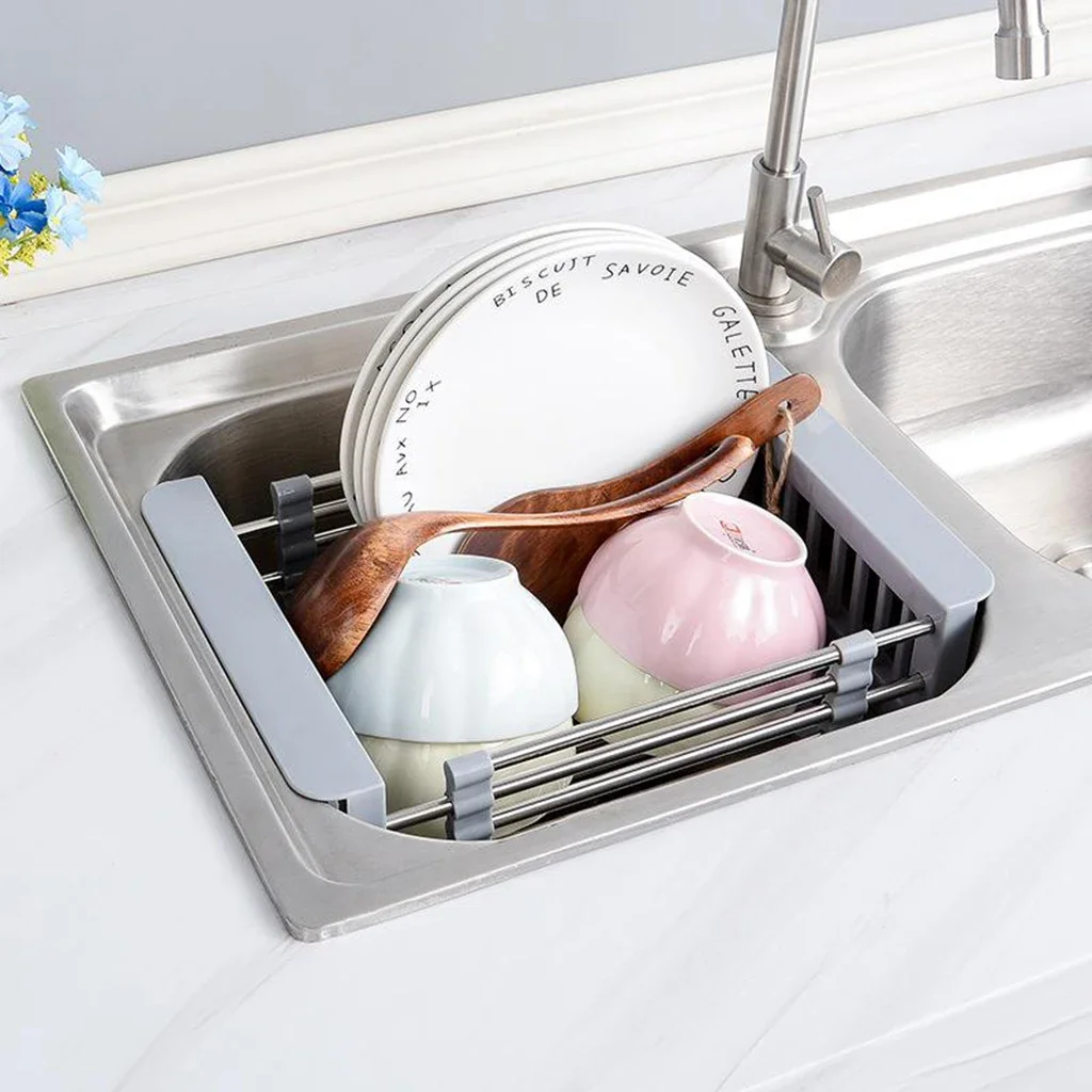 Kitchen Stainless Steel Water Filter Basket Small Dish Drying Rack Extendable Hanging Dish Drying Rack Over Sink