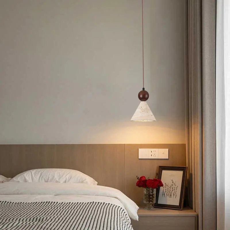 Japandi Minimalist Pendant Light Natural Travertine Limestone E27 Wood Accent Warm Light for Home Office Study view 5