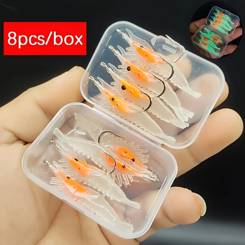 8 قطع مع صندوق T Luya المضيء مع خطاف نابض بالحياة، طُعم صغير من الروبيان المزيف لصيد الأسماك. 6 سنتيمتر/2.8 جرام شكل لينة الجسم الرصاص الروبيان الطعم