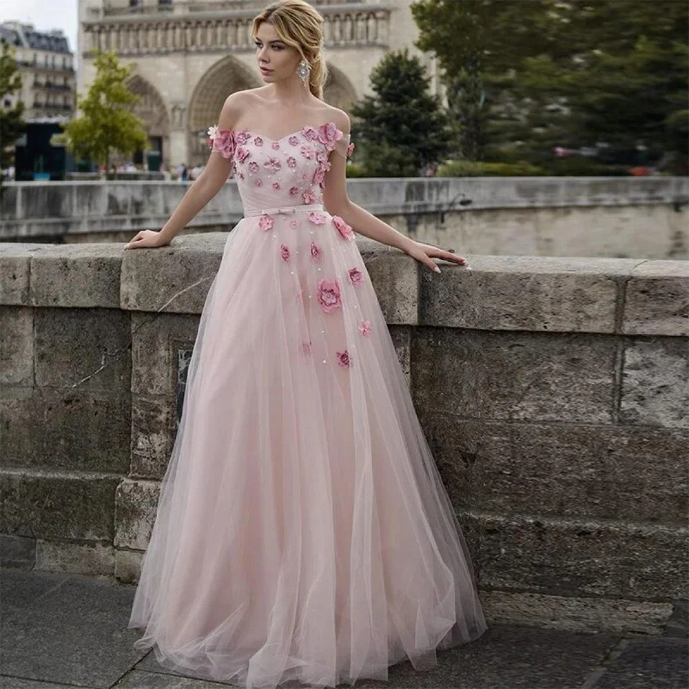 فستان سهرة أنيق وردي اللون من التول بطول الأرض قبالة الكتف فستان الحفلة الراقصة زهرة اللؤلؤ فيستدوس دي فييستا مخصص