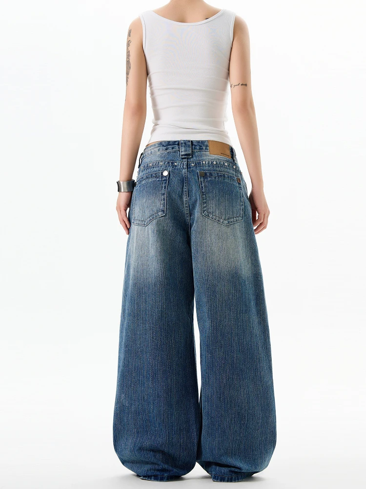 StreetStudio American Retro Waed Rivet Design Straight Loose Casual Jeans High Waist Straight Leg Jeans for Young Women